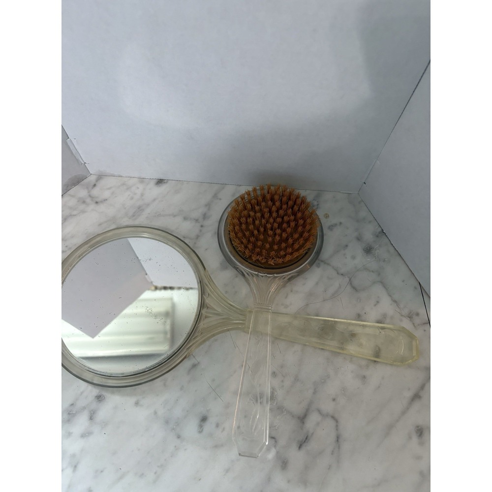 Vtg Early 20th Century Lucite Hand Held Mirror Brush Floral Bouquet Medallian - Picture 5 of 8